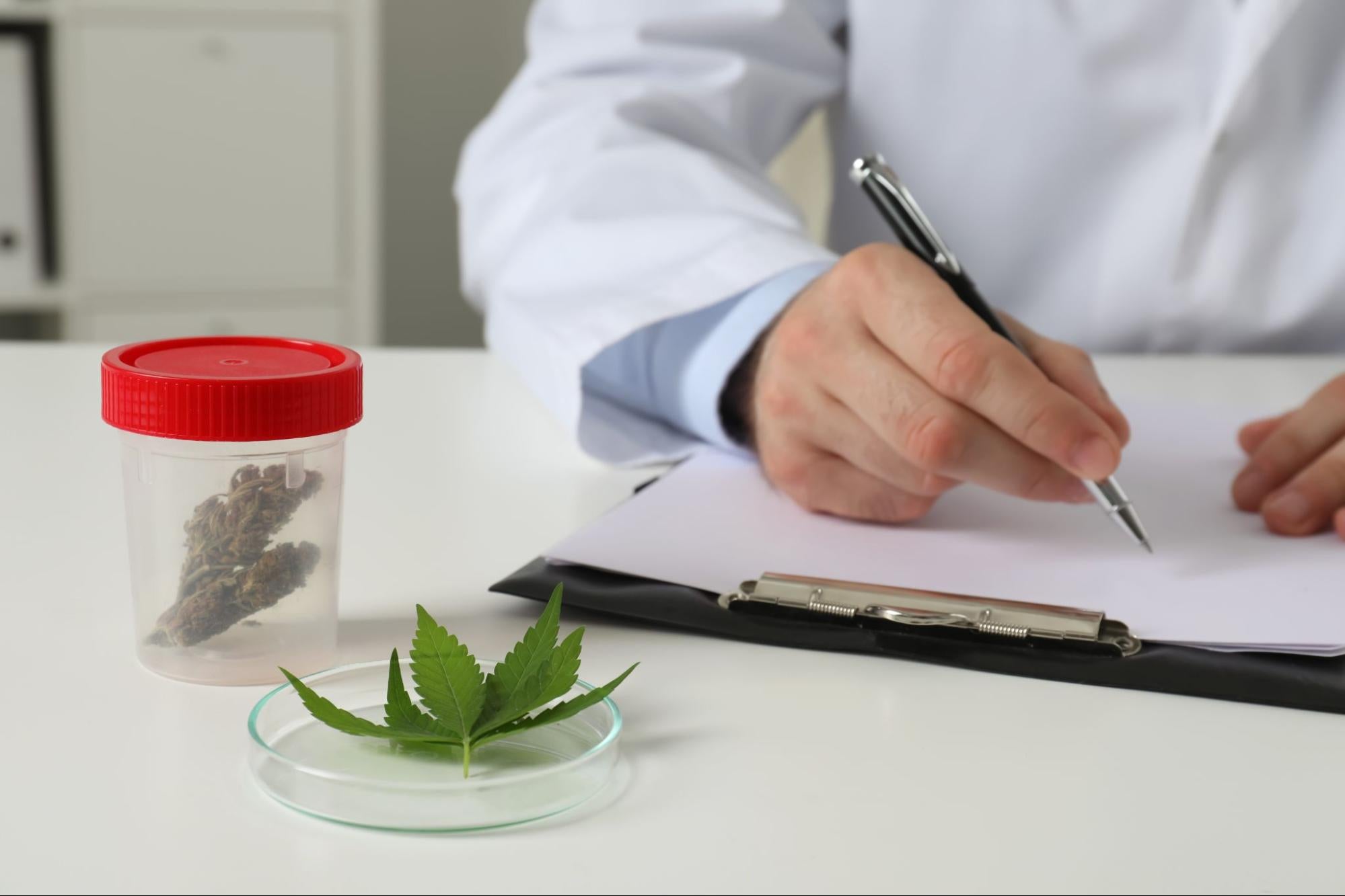 A close-up of a person in a white lab coat writing on a clipboard with a pen, with a small clear specimen jar containing dried plant material and a petri dish with a green leaf on a white table in the foreground.